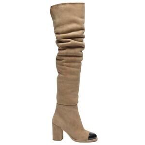 Chanel 24K Runway Beige Suede Shearling Fur Thigh High OTK Block Heel Boots 37